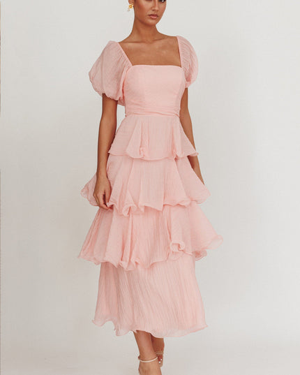 Baby Pink Puff Sleeve Layered Maxi Dress