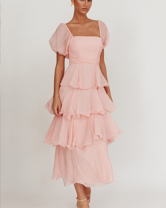 Baby Pink Puff Sleeve Layered Maxi Dress