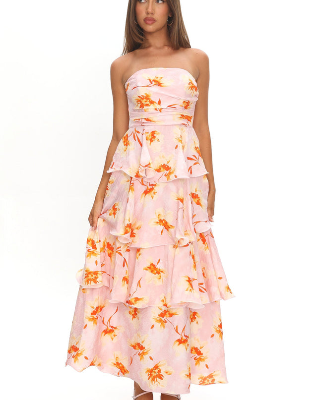Print Strapless Layered Maxi Dress Floral