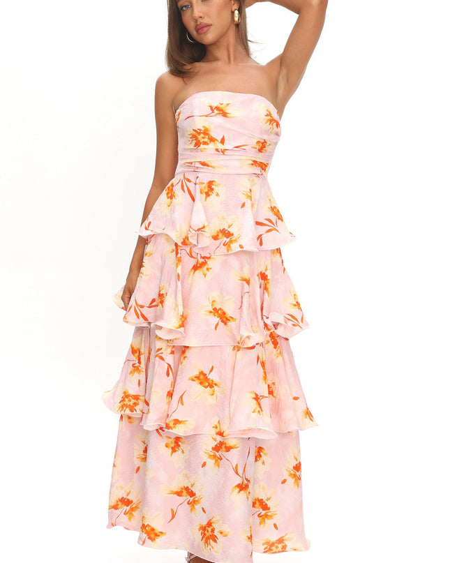 Print Strapless Layered Maxi Dress Floral