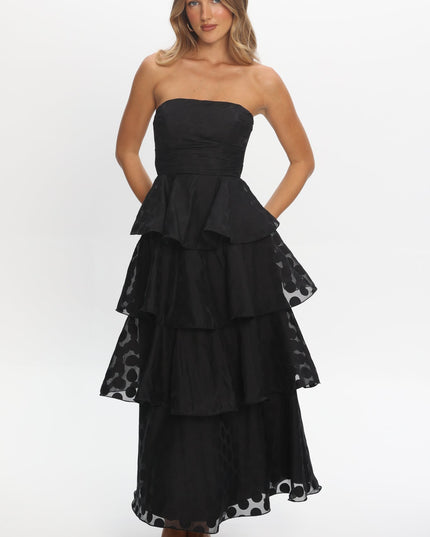 Black Strapless Layered Maxi Dress Polka Dot