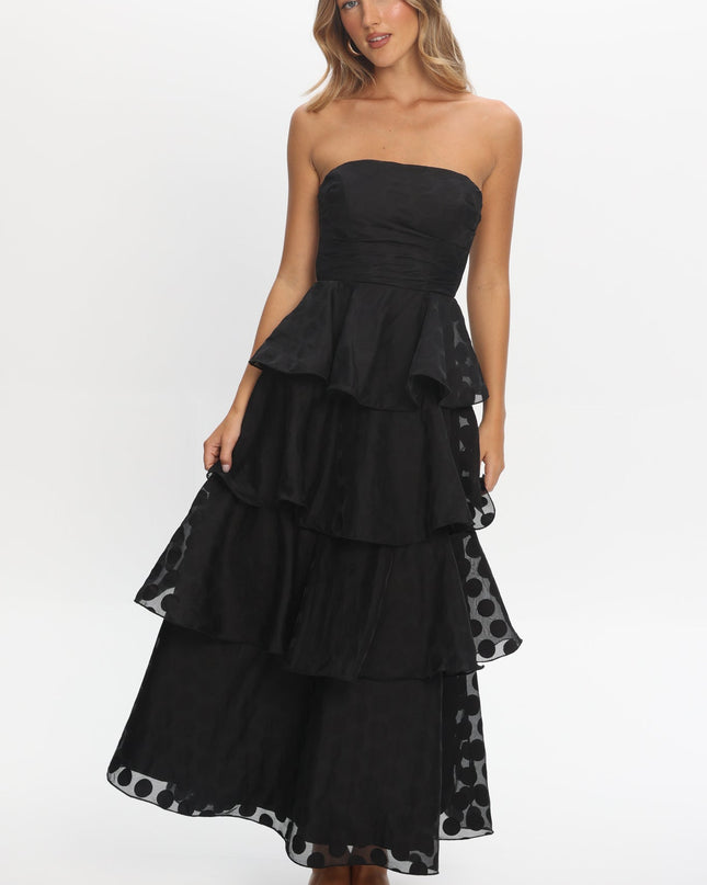 Black Strapless Layered Maxi Dress Polka Dot