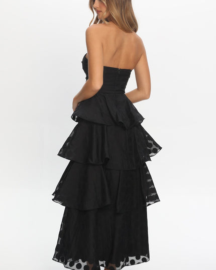 Black Strapless Layered Maxi Dress Polka Dot