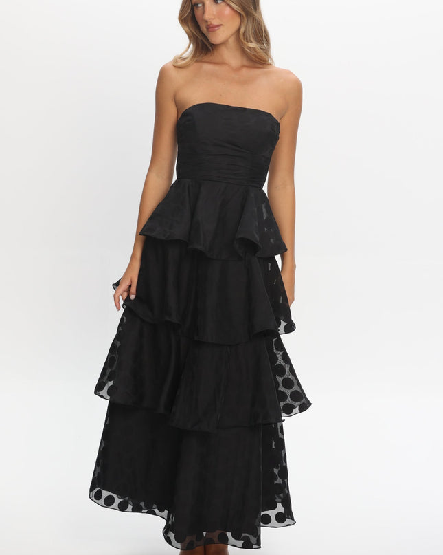 Black Strapless Layered Maxi Dress Polka Dot