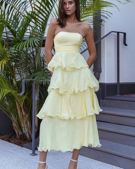 Lemon Strapless Layered Ruffles Midi Dress