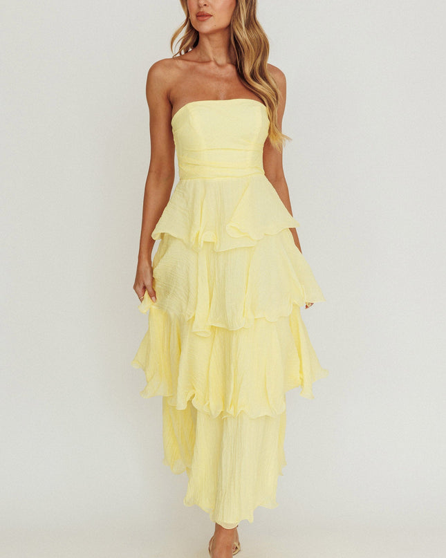 Lemon Strapless Layered Ruffles Midi Dress