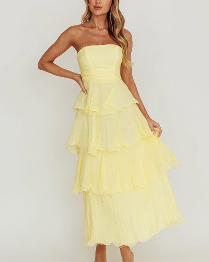 Lemon Strapless Layered Ruffles Midi Dress
