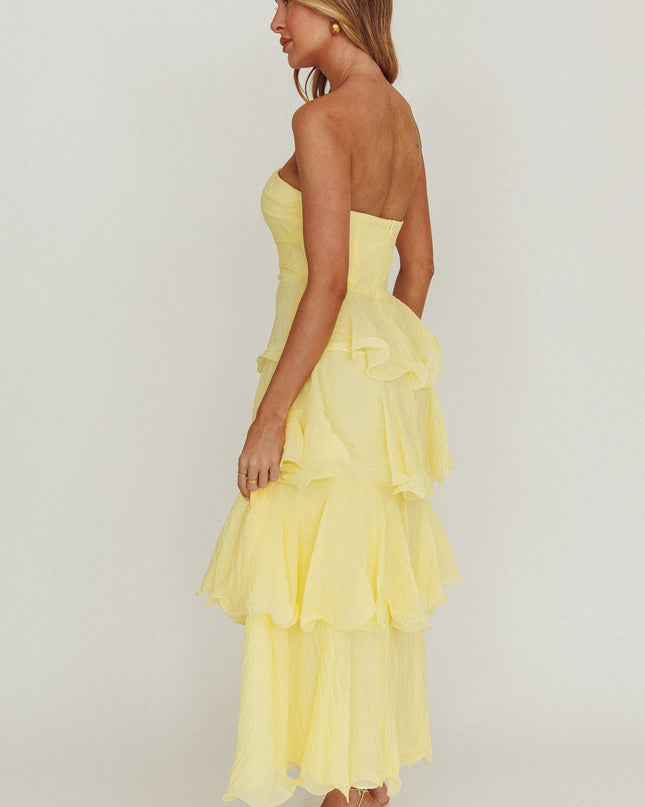 Lemon Strapless Layered Ruffles Midi Dress
