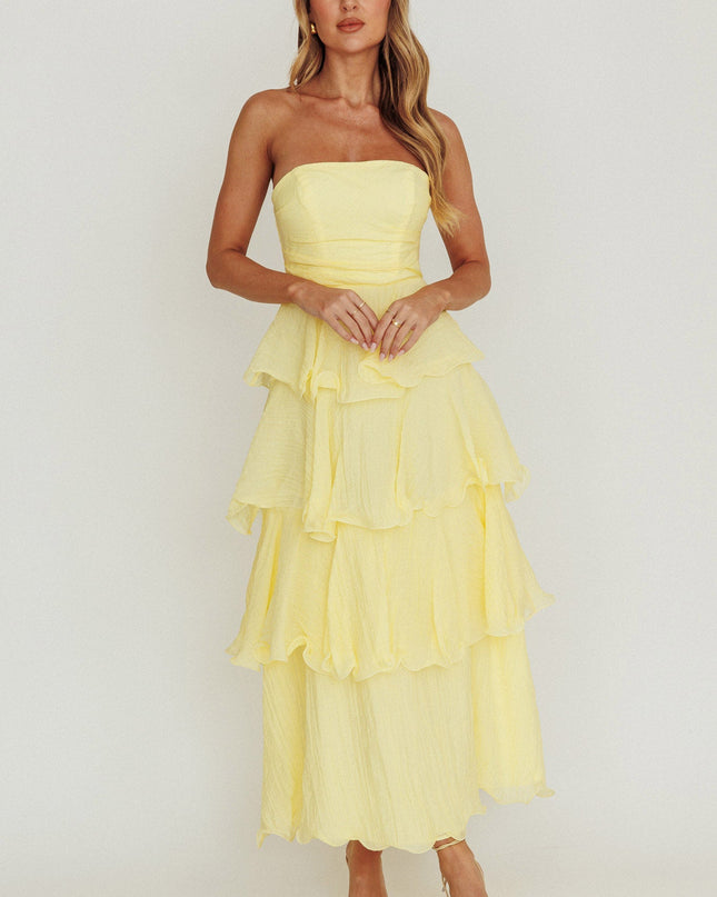 Lemon Strapless Layered Ruffles Midi Dress