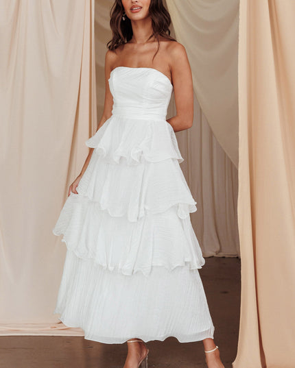 Off White Strapless Layered Midi Dress
