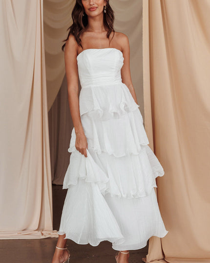 Off White Strapless Layered Midi Dress