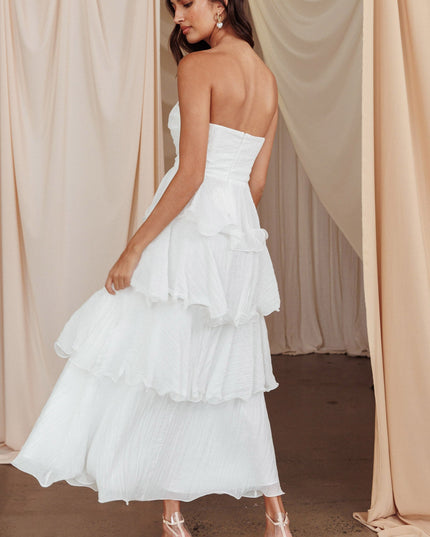 Off White Strapless Layered Midi Dress