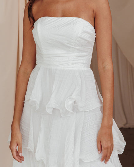 Off White Strapless Layered Midi Dress