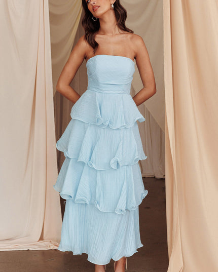 Pale Blue Strapless Layered Midi Dress