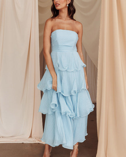 Pale Blue Strapless Layered Midi Dress