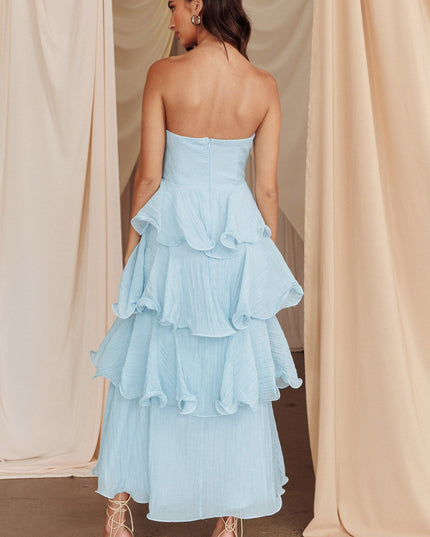 Pale Blue Strapless Layered Midi Dress
