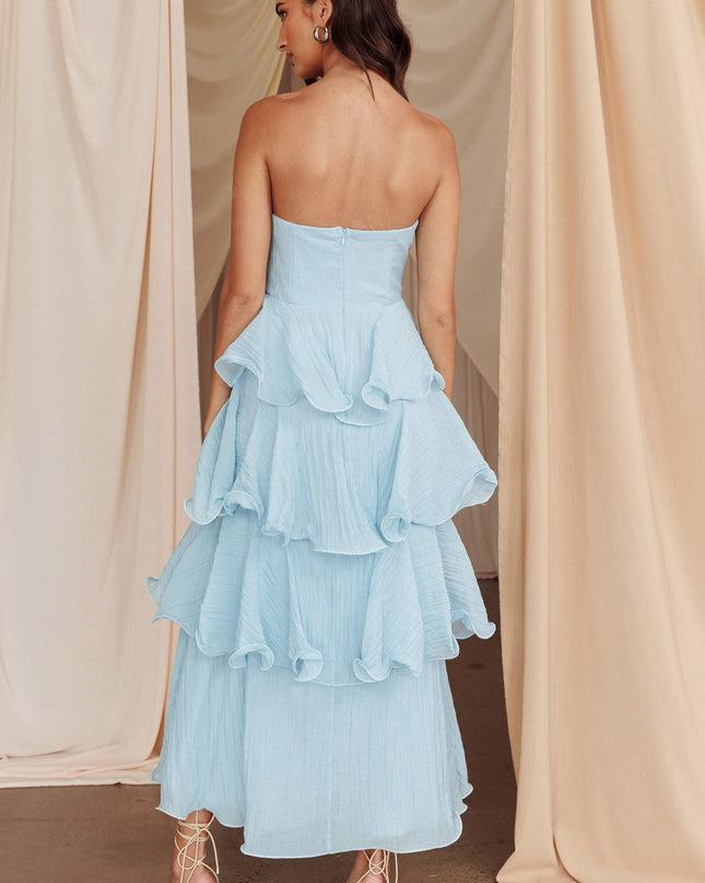 Pale Blue Strapless Layered Midi Dress