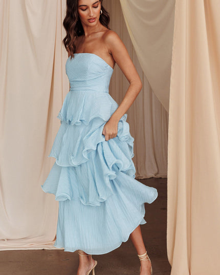 Pale Blue Strapless Layered Midi Dress