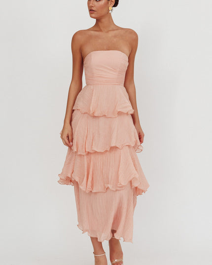 Peach Strapless Layered Midi Dress