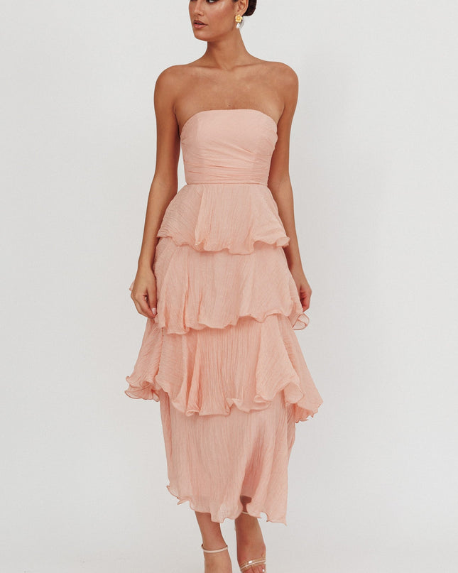 Peach Strapless Layered Midi Dress