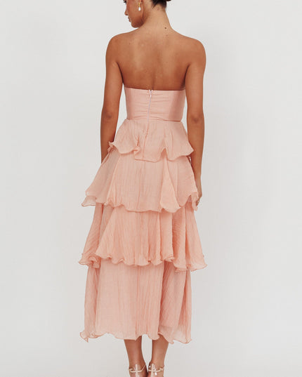 Peach Strapless Layered Midi Dress