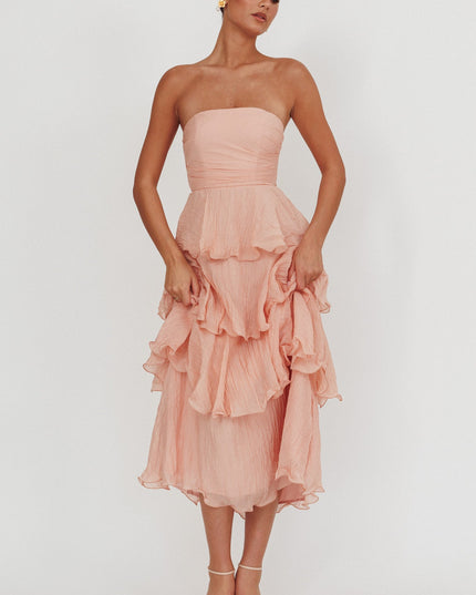 Peach Strapless Layered Midi Dress