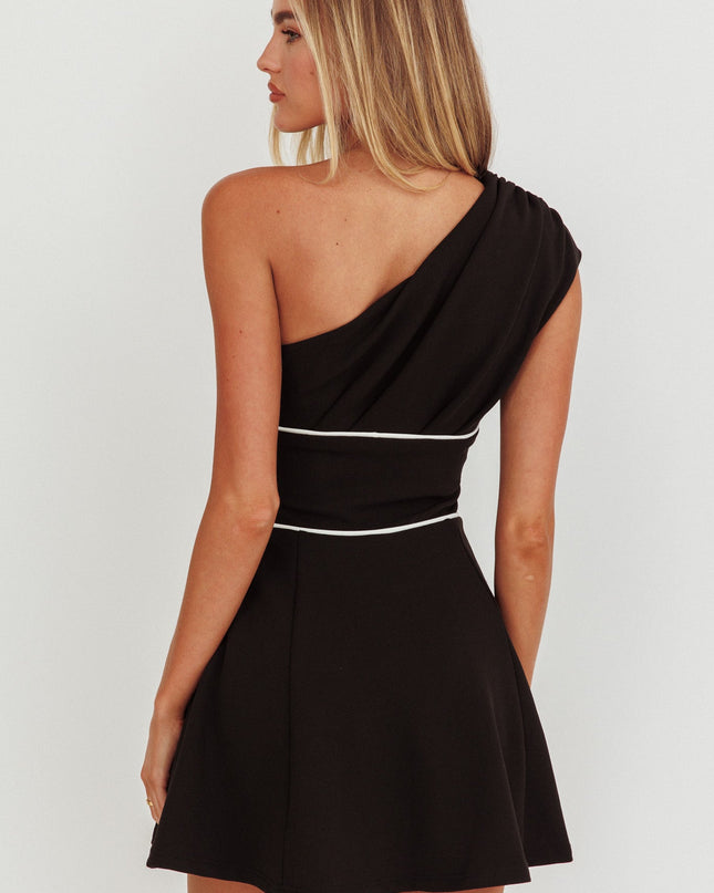 Black One-Shoulder Piping Mini Dress