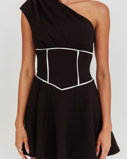Black One-Shoulder Piping Mini Dress