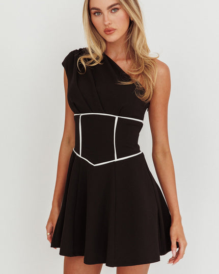 Black One-Shoulder Piping Mini Dress