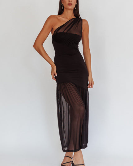 Black One-Shoulder Mesh Maxi Dress