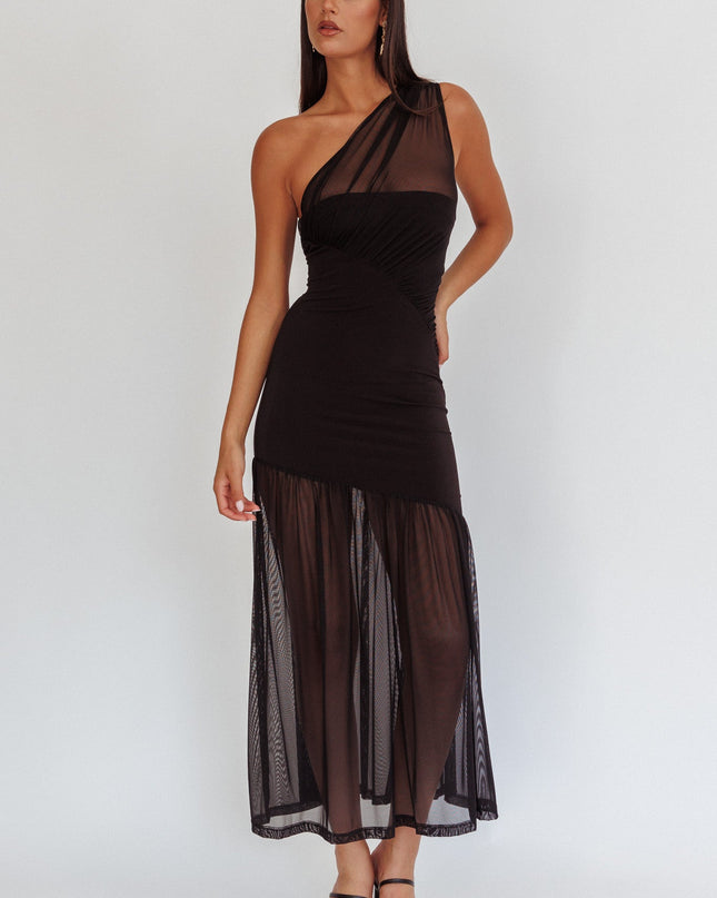 Black One-Shoulder Mesh Maxi Dress
