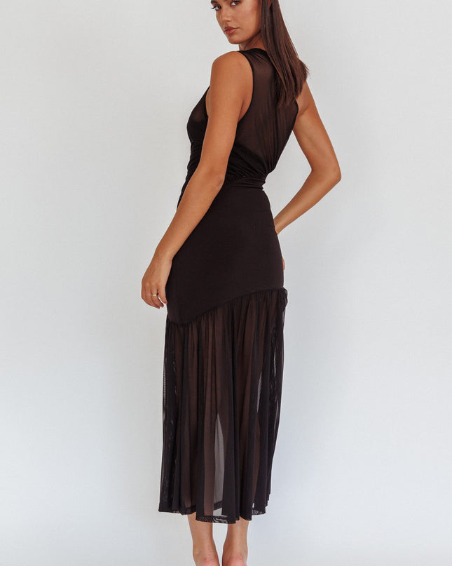 Black One-Shoulder Mesh Maxi Dress