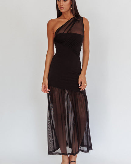 Black One-Shoulder Mesh Maxi Dress
