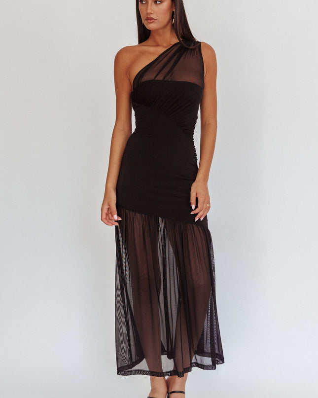 Black One-Shoulder Mesh Maxi Dress