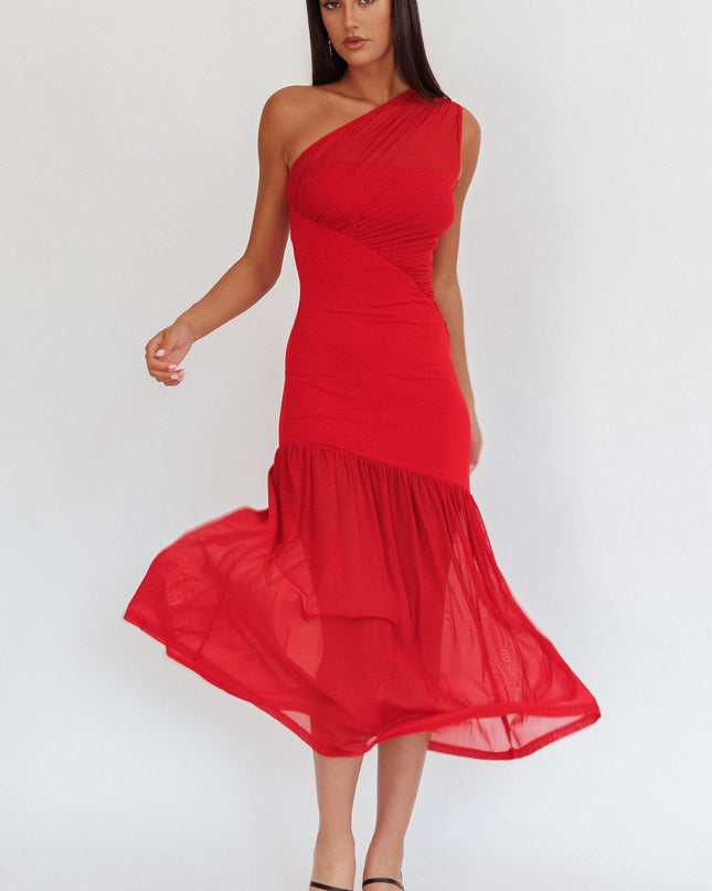 Red One-Shoulder Mesh Maxi Dress