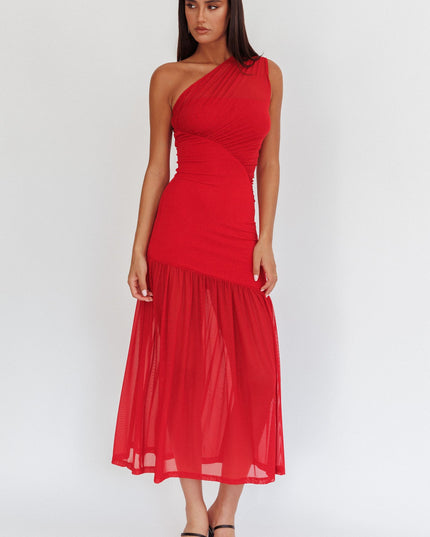 Red One-Shoulder Mesh Maxi Dress
