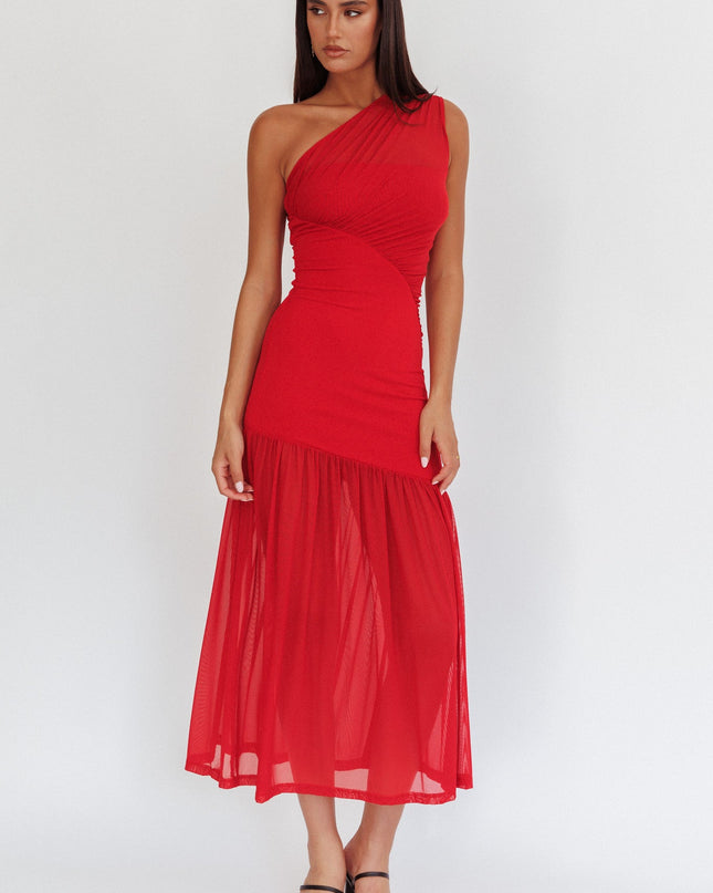 Red One-Shoulder Mesh Maxi Dress