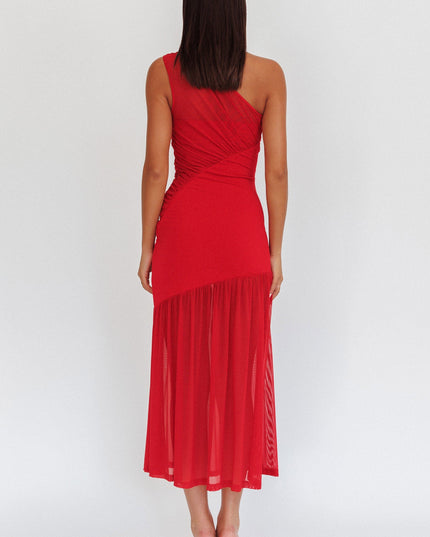 Red One-Shoulder Mesh Maxi Dress