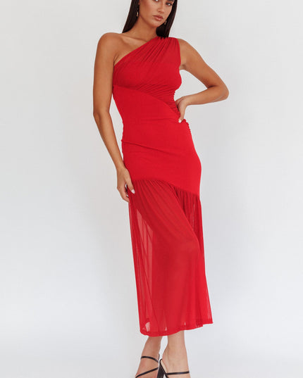 Red One-Shoulder Mesh Maxi Dress
