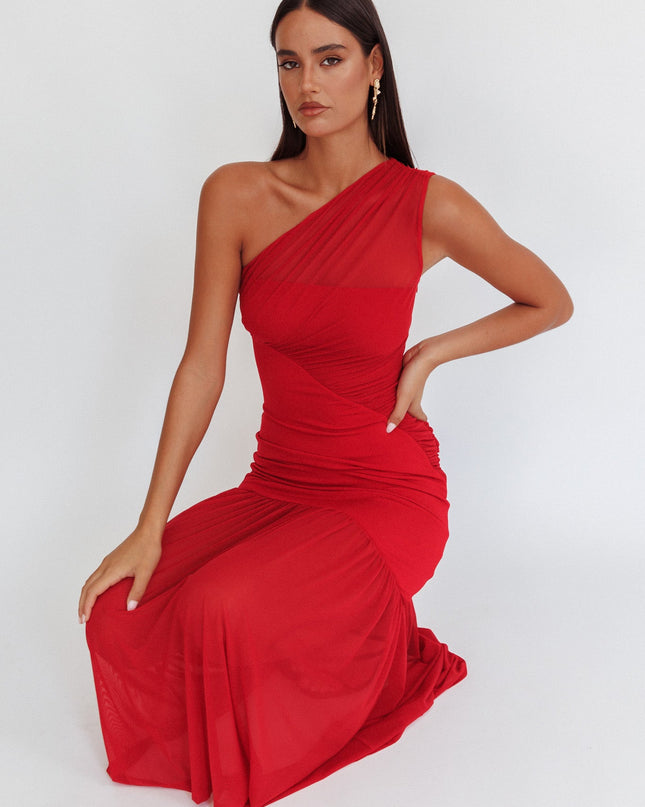 Red One-Shoulder Mesh Maxi Dress