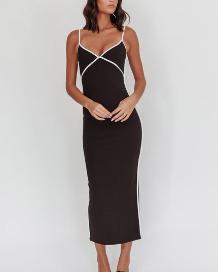 Black Mystery Piping Trim Maxi Dress