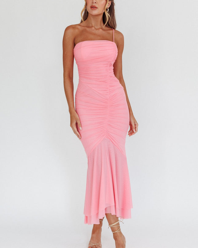 Pink One Strap Ruched Maxi Dress