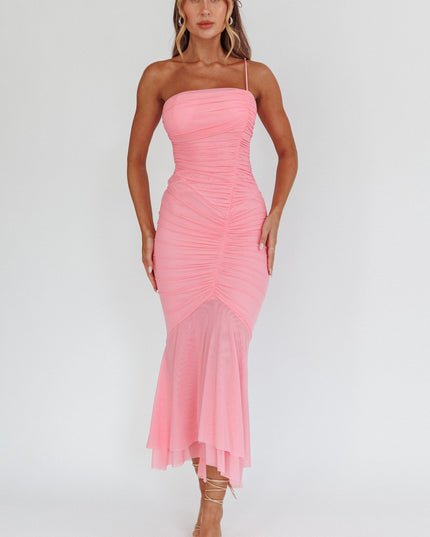 Pink One Strap Ruched Maxi Dress