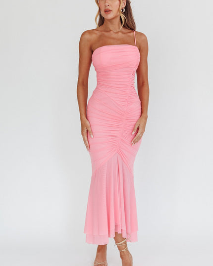Pink One Strap Ruched Maxi Dress