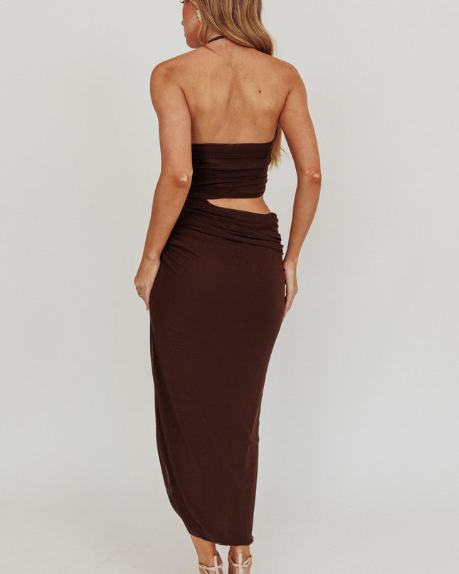 Chocolate Cut-Out Halter Neck Midi Dress