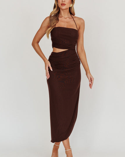 Chocolate Cut-Out Halter Neck Midi Dress