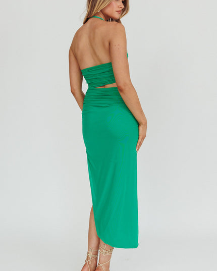 Green Cut-Out Halter Neck Midi Dress