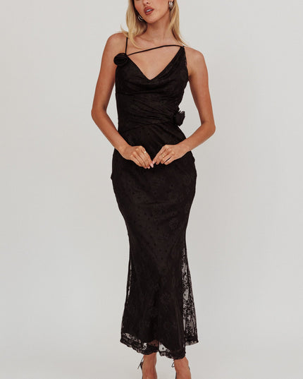 Black Rosette Cowl Neck Maxi Dress