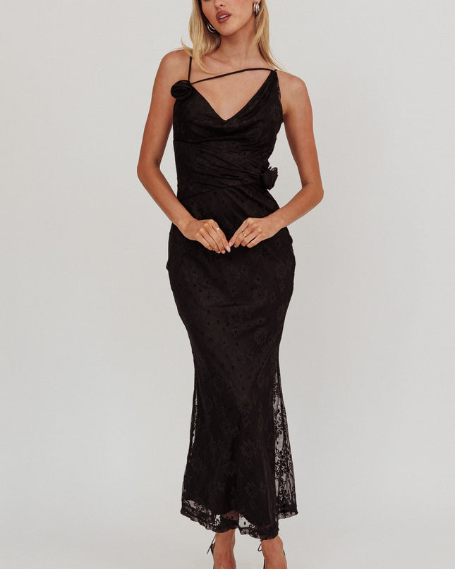 Black Rosette Cowl Neck Maxi Dress