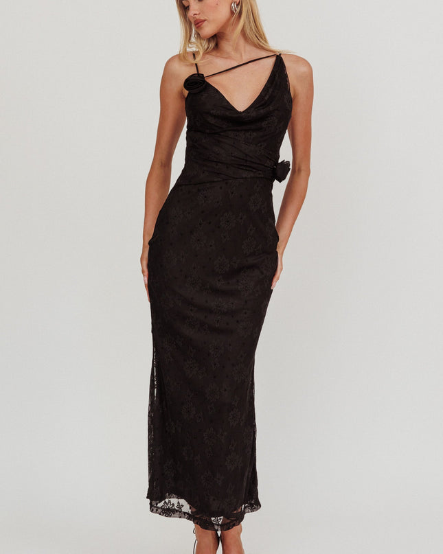 Black Rosette Cowl Neck Maxi Dress